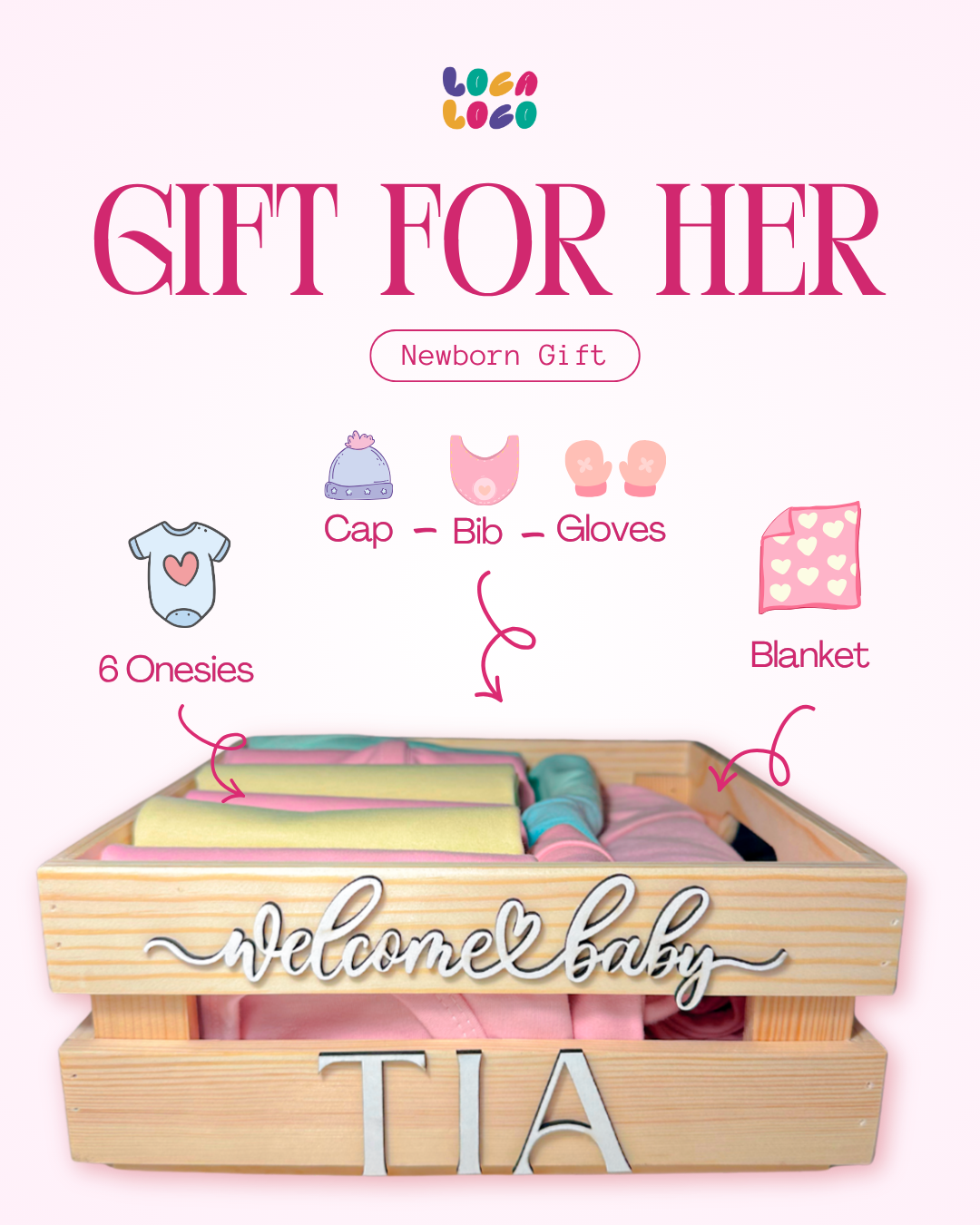 Baby gift set with wooden box labeled Egypt Onesies Cap Bib Gloves Blanket Newborn New born gift egyptian girl طفلة مصري Localoco