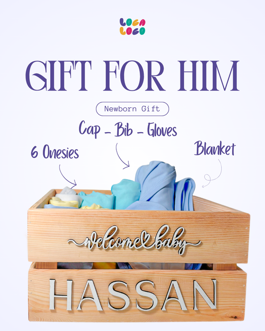 Baby gift set with wooden box labeled Egypt Onesies Cap Bib Gloves Blanket Newborn New born gift egyptian boy طفل مصري Localoco